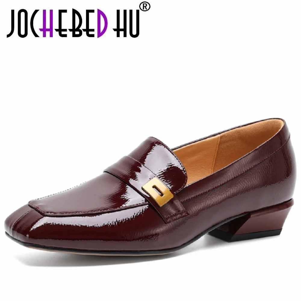 JOCHEBED HUWomen Handmade Patent Leather Soft and comfortable Square Toe Chunky Mid Heel Slip On Solid Color Shoes 34-40