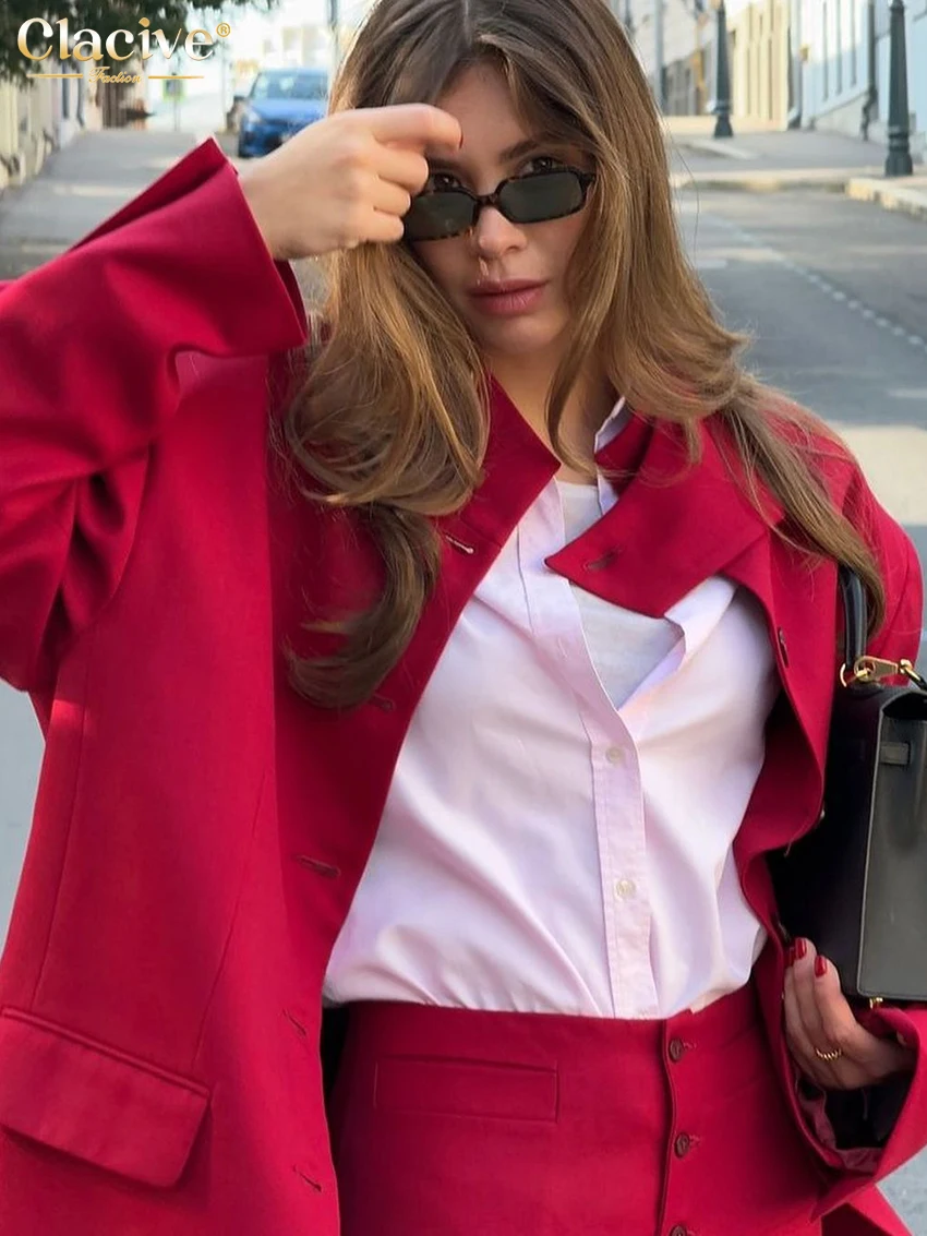 Clacive Fashion Loose Red Office 2 Piece Sets Women Outfit 2025 Elegant Long Sleeve Blazer With High Waist Wide Pants Set Female