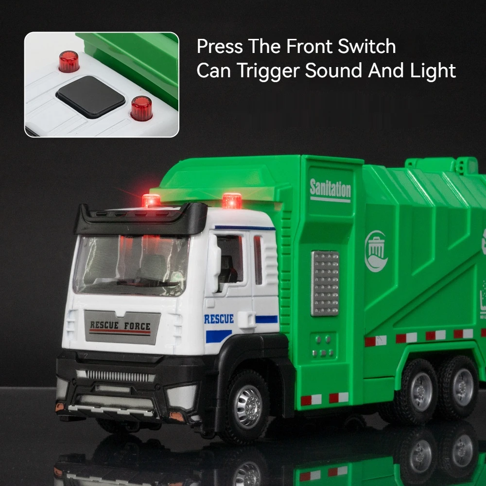 1/32 Alloy Sanitation Car Model Toy Metal Diecast Engineering Garbage Truck Pull Back Light Sound Vehicle Gifts for Boy Children