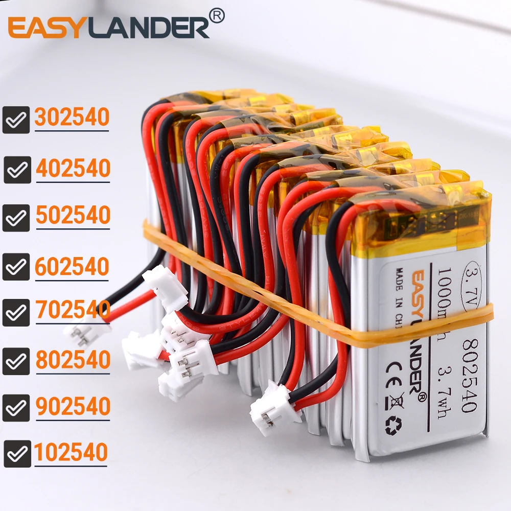 10Pcs/Lot JST2.0 2P  3.7V 1300mAh 102540 Lithium Li-ion Polymer Battery 302540 402540 502540 602540 702540 802540 902540