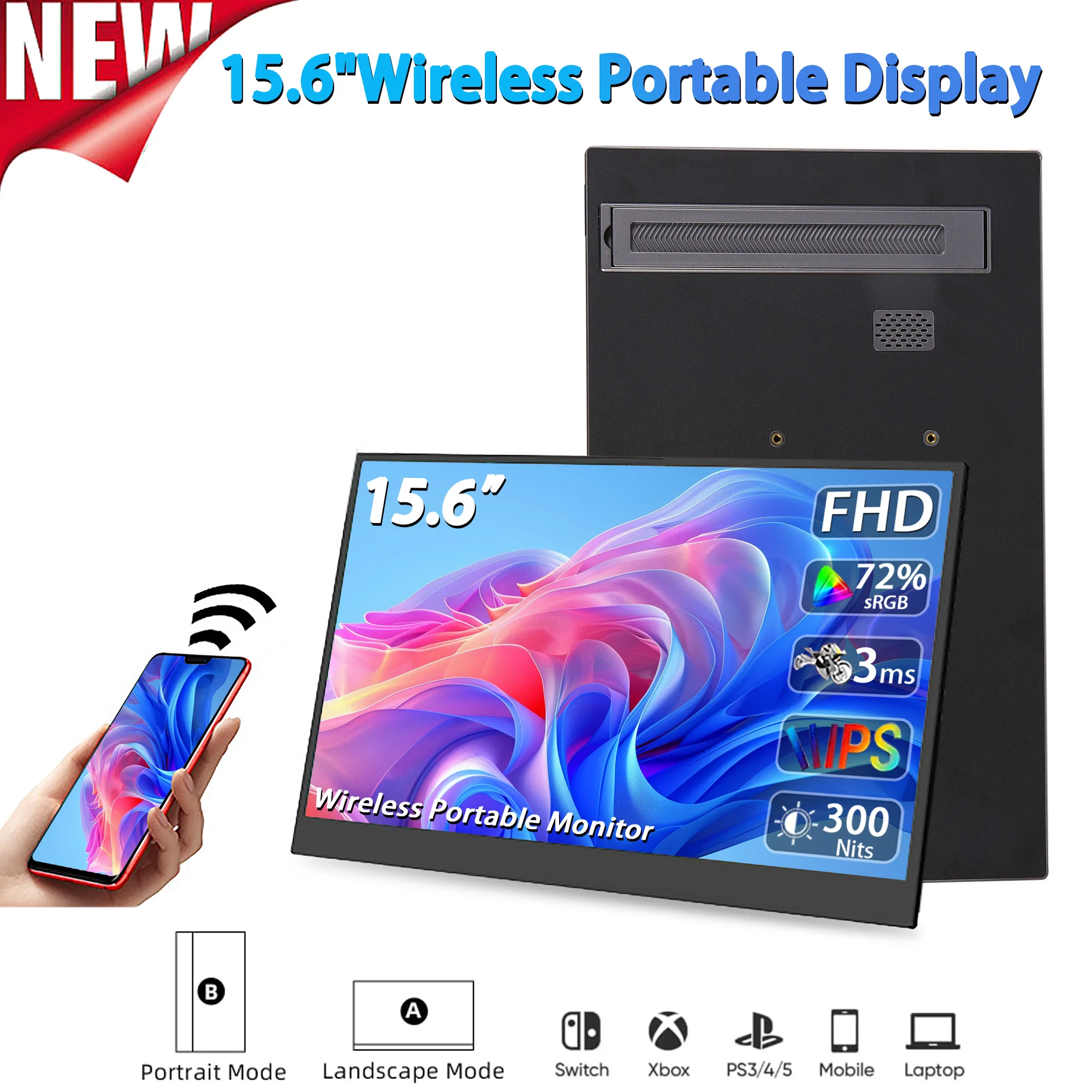 

AHXJKA 15,6-дюймовый беспроводной портативный FHD 1080P 16:9 IPS-панель со вторичным дисплеем Компьютерный монитор Type-C HDMI поддерживает беспроводной режим