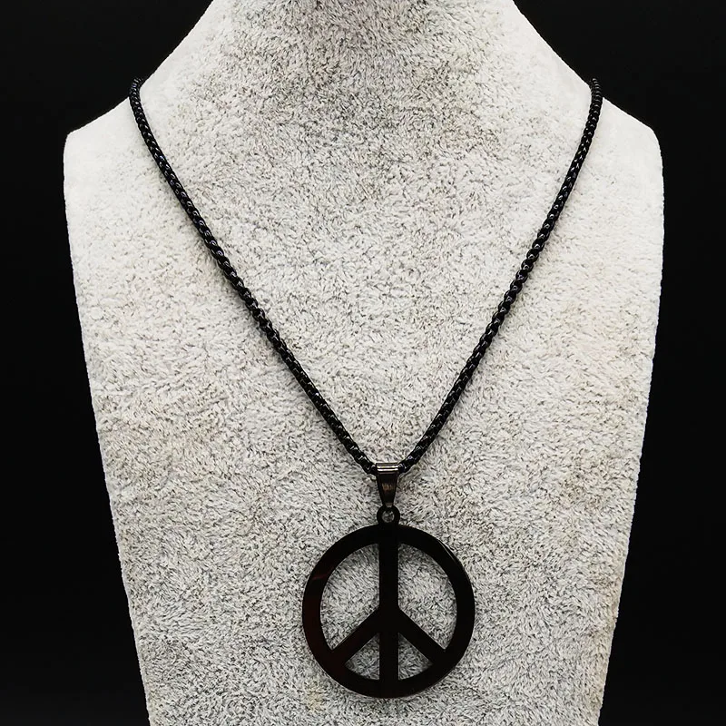 Goth Punk Peace Sign Symbol Pendant Necklace Men Black Color Stainless Steel Peaceful Match Chain Jewerly cadenas mujer N438S02