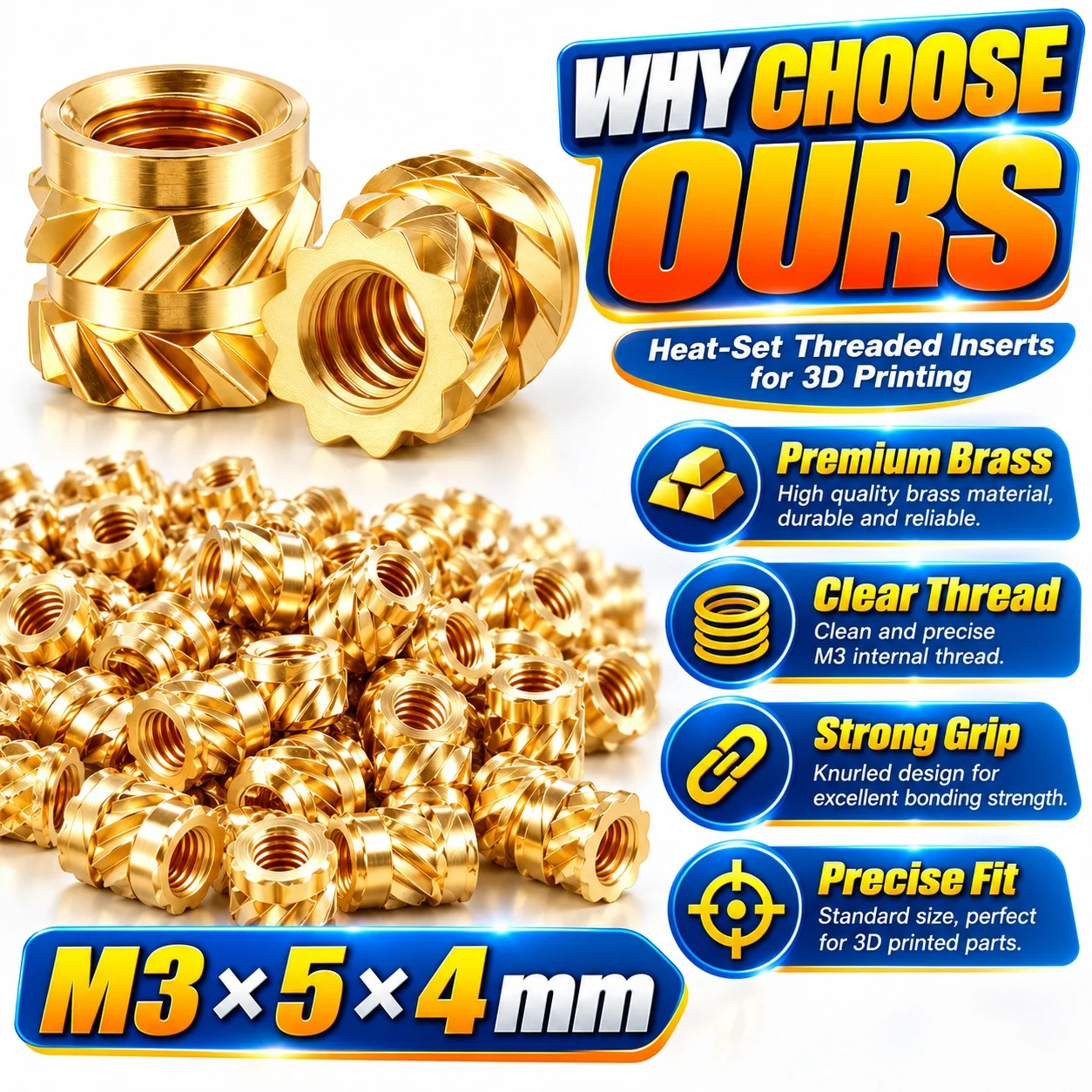 100 Pcs M3 Brass Heat Set Inserts, Knurled Threaded Nuts for 3D Printing, PLA PETG ABS Plastic Parts