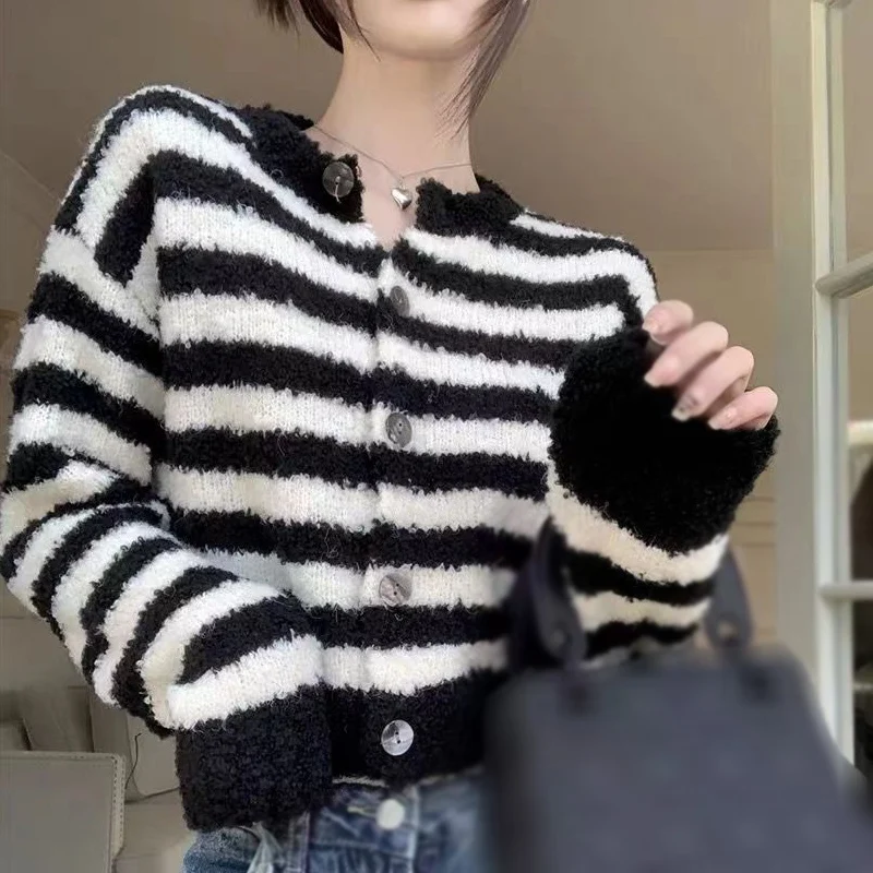 Women's Sweater Knitted Round Neck Female Coat Short Style Plush Loose Straps Contrast Colors Stripes Girls Cardigan