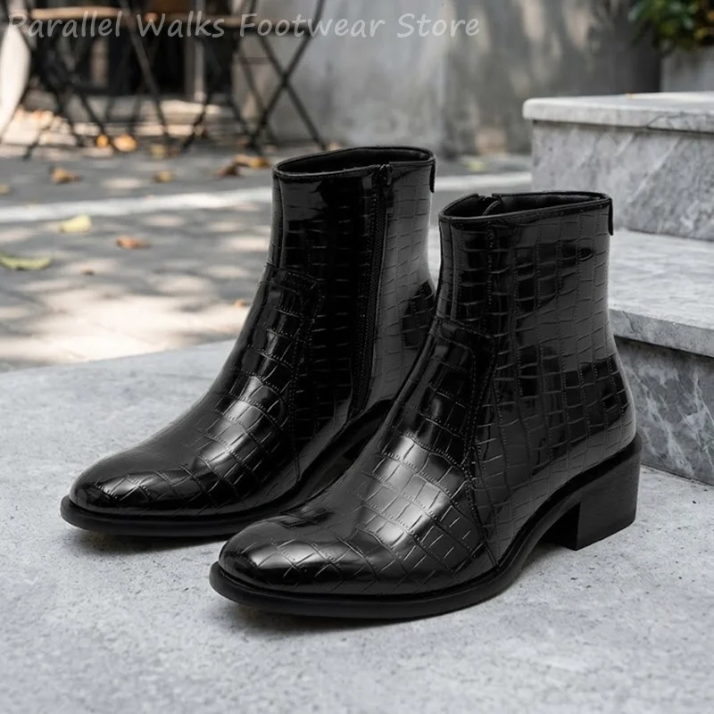 Botines de hombre con estampado de piel de cocodrilo, cremallera lateral, tacón cubano bajo, zapatos de vestir, diseño clásico y moderno, punta afilada, botines cortos para fiestas.