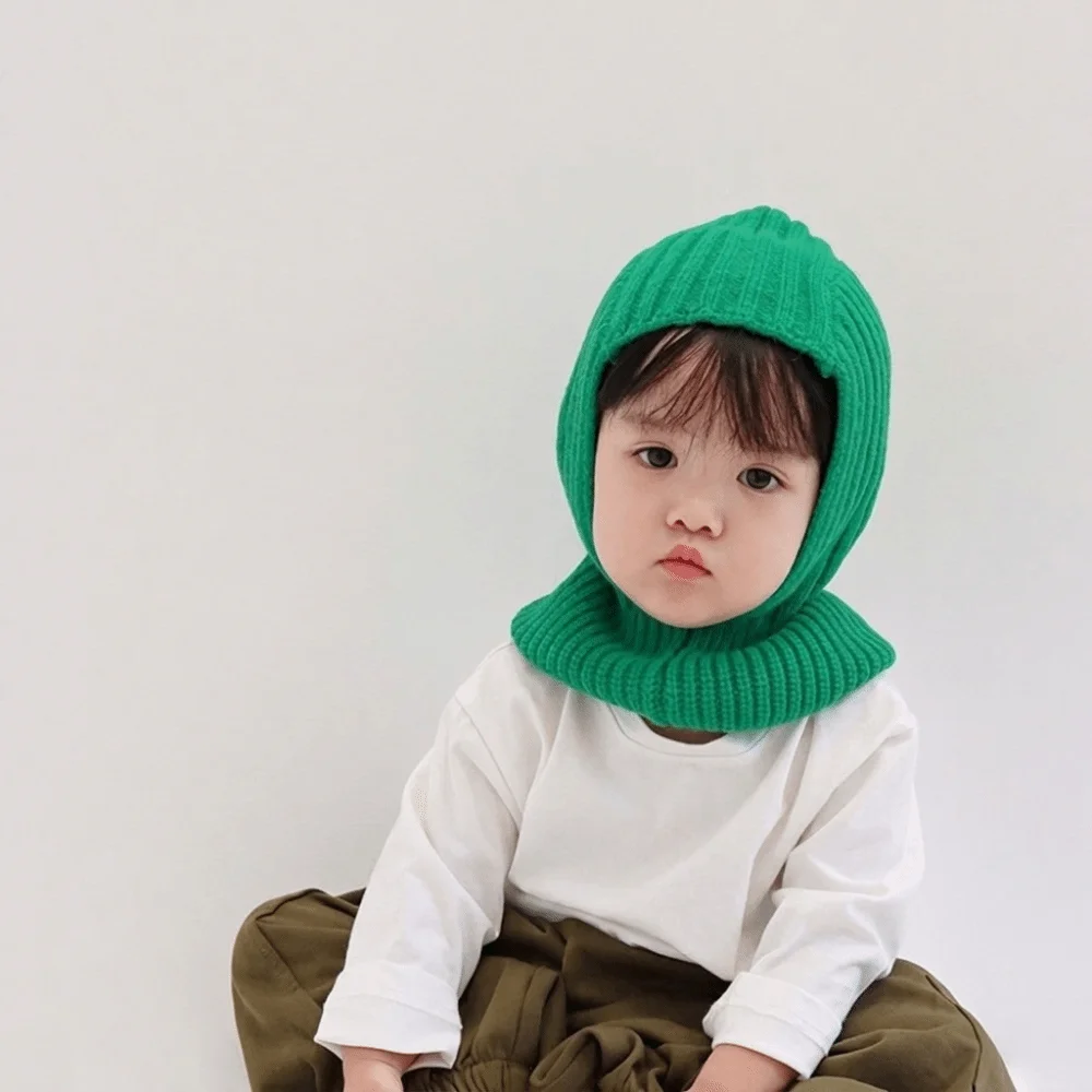 Simple Solid Color Scarf Integrated Hat Plush Wool Children Hooded Hat Knitted Warm Kids Balaclava Hat Outdoor