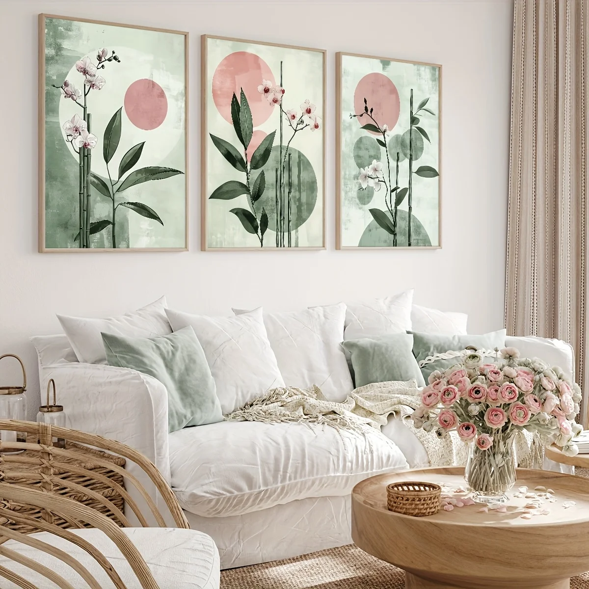 （NoFrame 3PCS)-Set of 3pcs Plant Wall Decorative Painting Art for Moon, Orchid and Bamboo, Boho Sage Green Abstract Art, Mode