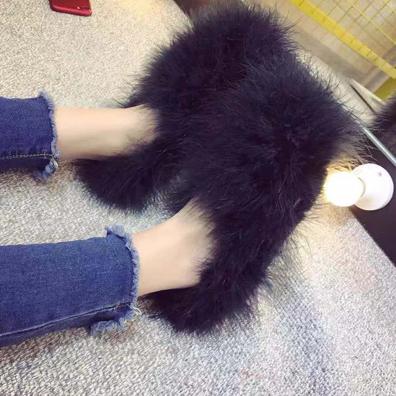 Bright Pink Fur Loafers Women Chic Fuffy Flats Ladies Winter Warm Plush Feather Shoes