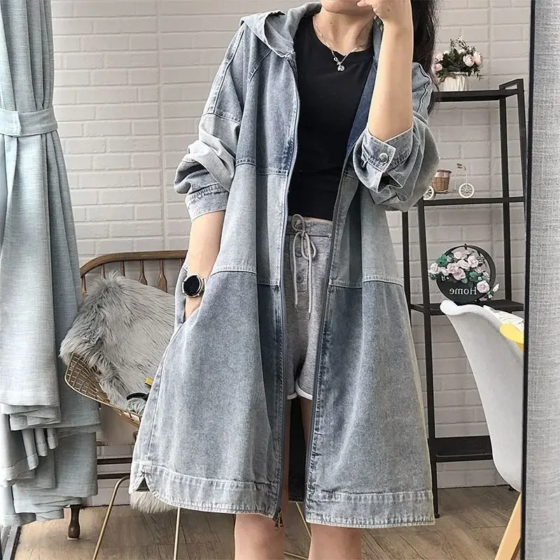 

SuperAen 2024 Spring and Autumn New Korean Women's Loose Hooded Contrast Denim Trench Coat