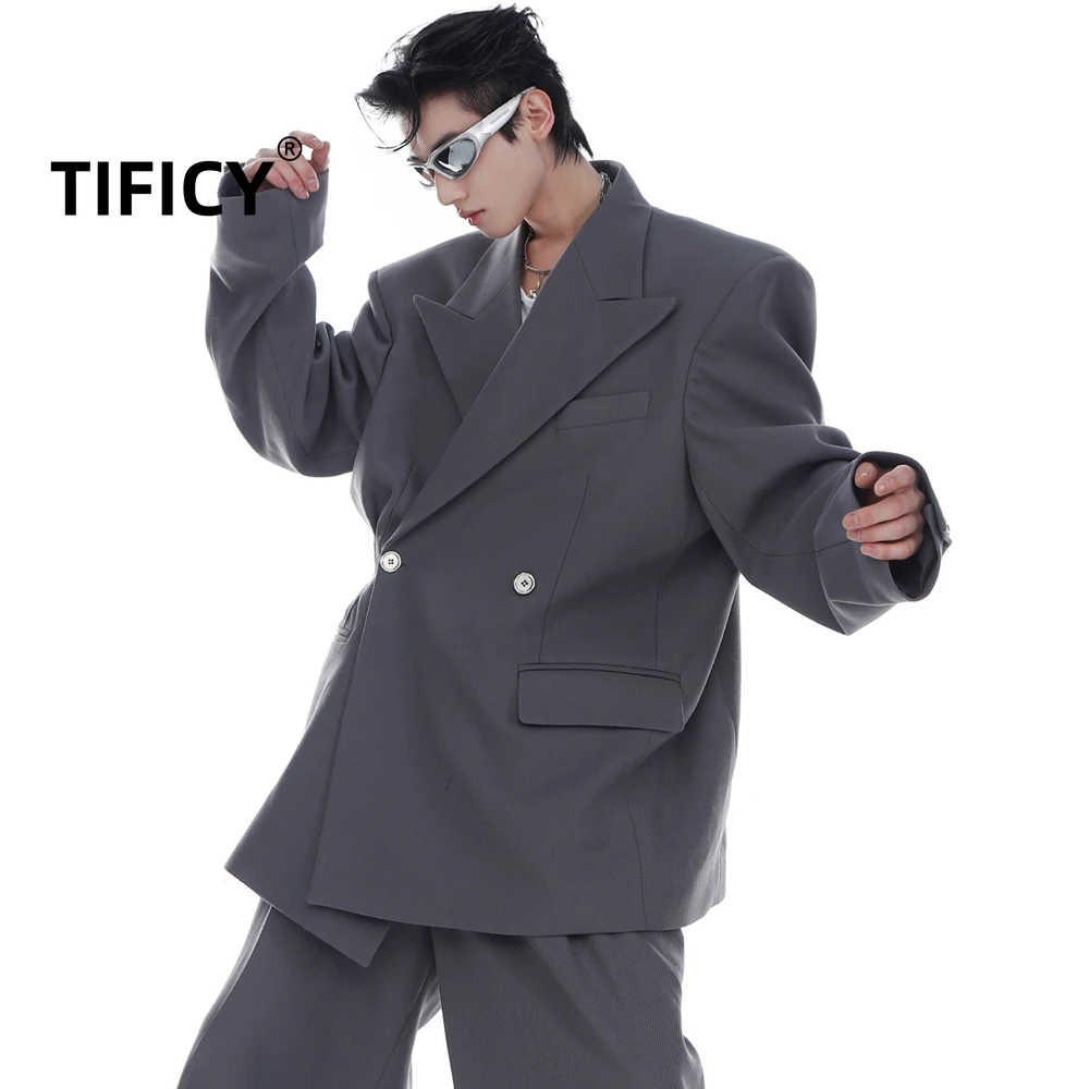 High Street Advanced Diagonal Blazer Jacket Men's Shoulder Padded Suit Jacket with Loose Silhouette and Drape Men Clothing