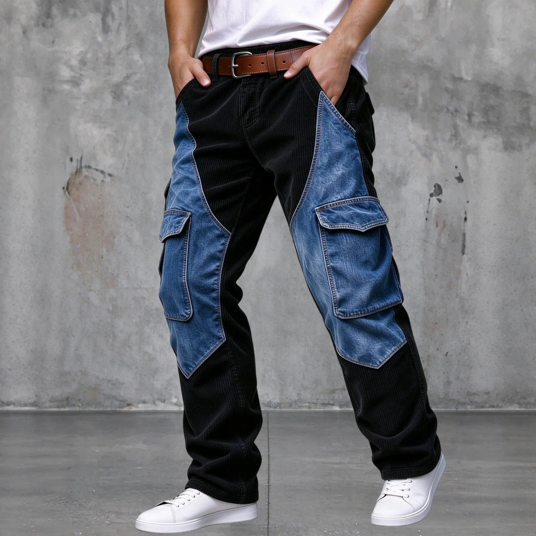 Men's Denim Spliced American Cargo Pants, Multi-Pocket Straight Trousers, Loose Workwear Long Pants for Daily Streetwear