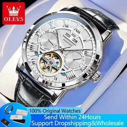 OLEVS 6668 Men's Watch Classic Hollow Skeleton Mechanical Watch For Men Roman Scale Date Waterproof Leather Dress Wristwatch