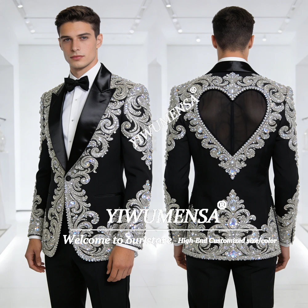 

Rhinestones Beaded Suit Men Cut-out Back Satin Lapel Groom Prom Blazer Outfits Customized 2 Piece Set Man Banquet Weding Tuxedos