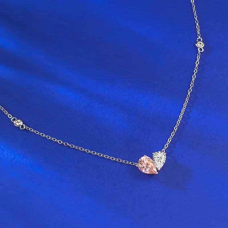 

New S925 pure silver white diamond pink diamond 6 * 8 accompanying necklace ns simple and high-end Jewelry