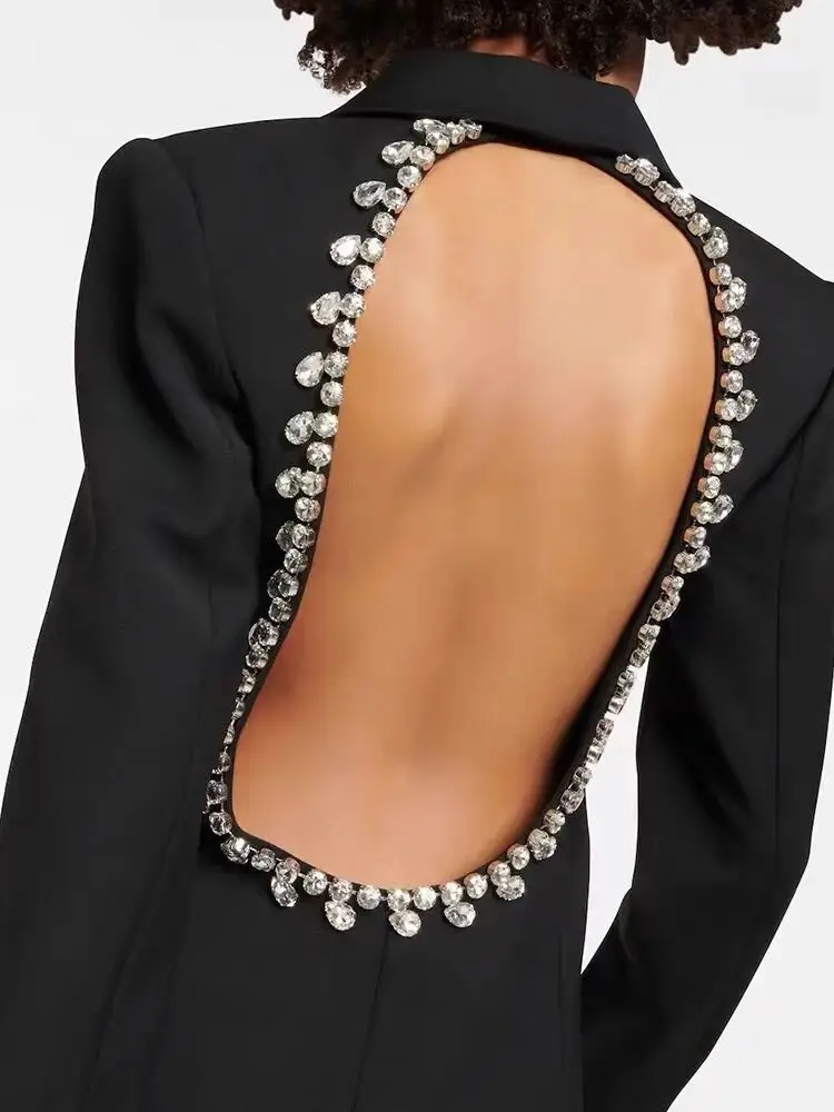 Backless Diamonds Beading Black Blazer Dress New Designer Personalized Open Back Studded Mid Length Suits Coat Jacket Women G711