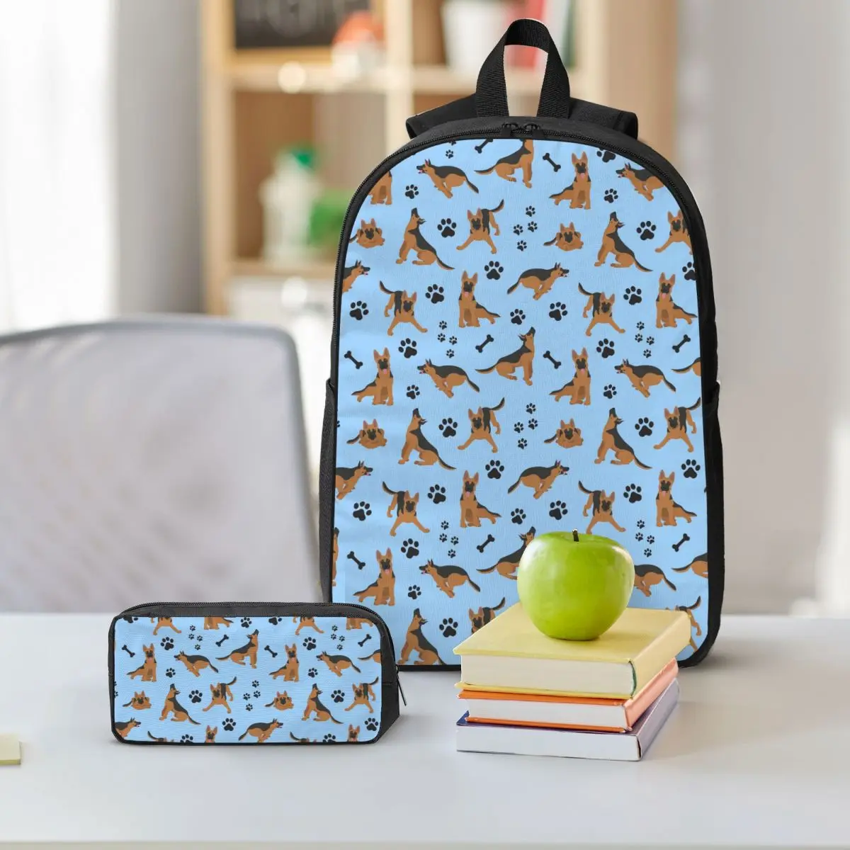 German Shepherd Pattern In Blue Backpack Student BookBag School Bag Shoulder Bags 3ps Insulated Lunch Bag Pencil Case