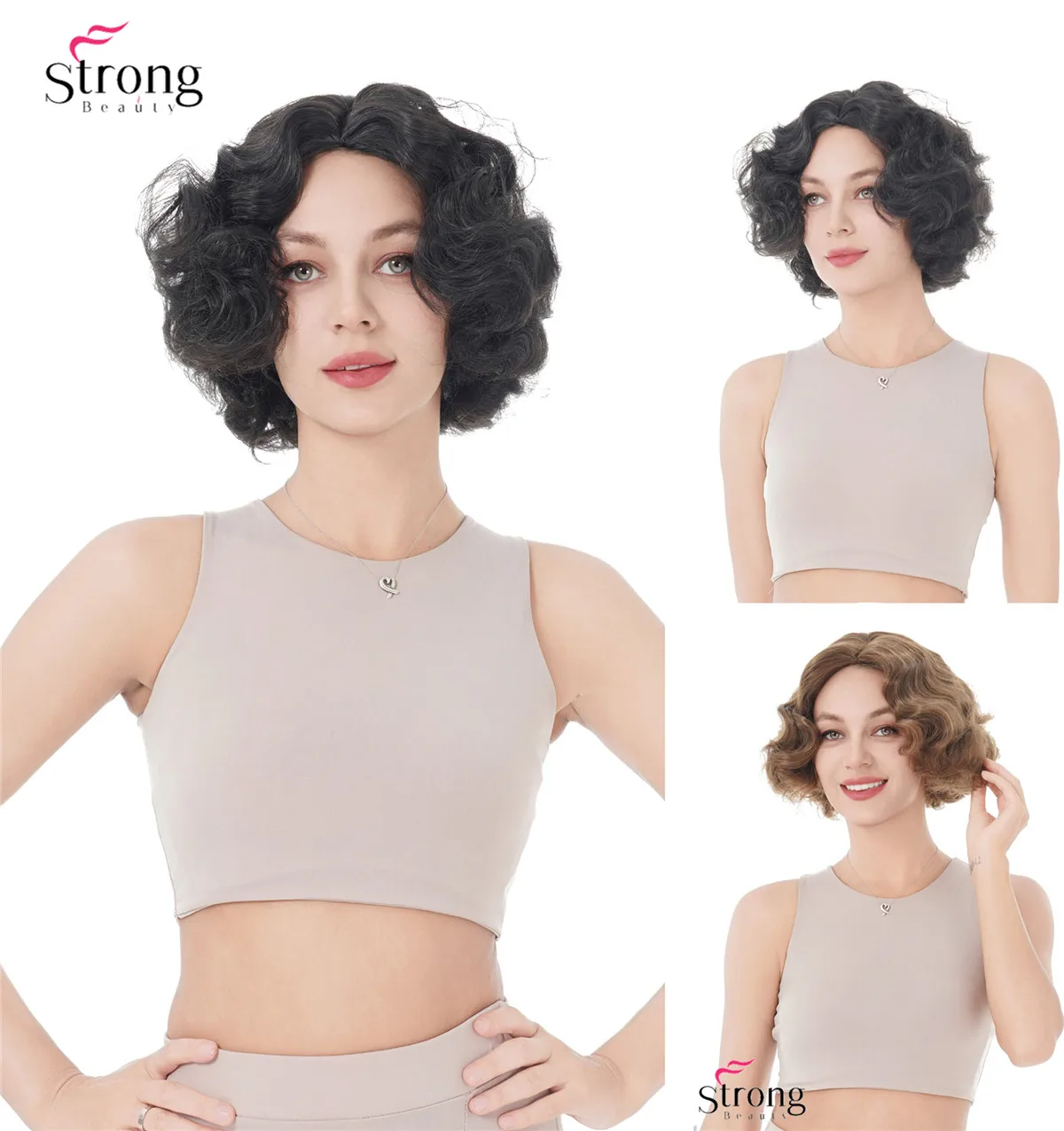 StrongBeauty Finger Wave Hairstyles Short Black Hair Wig Curly Synthetic