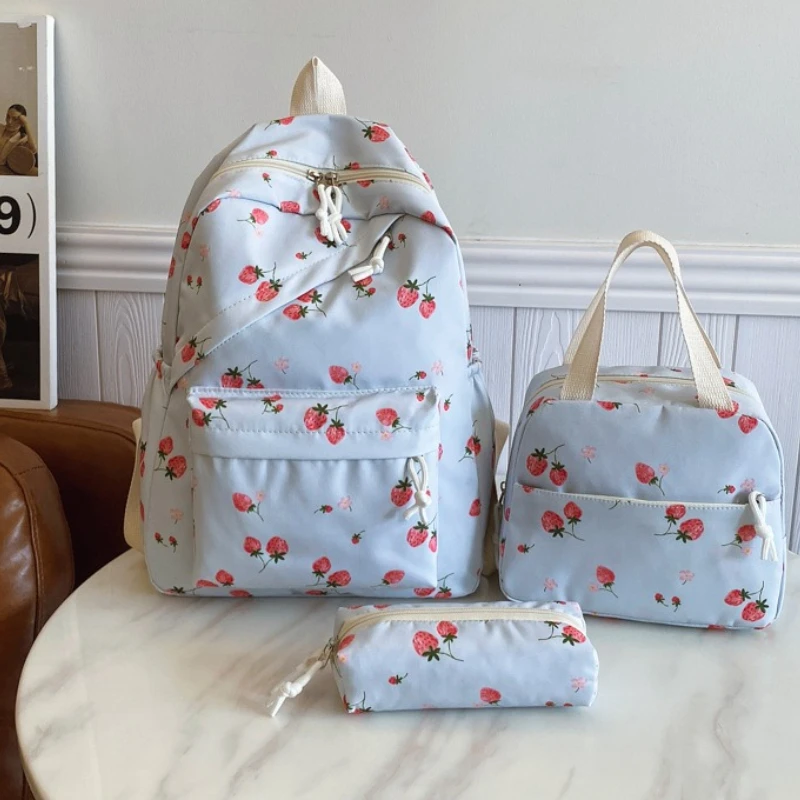 3Pcs Set Fashionable Cute Strawberry Backpack Handbag&Pen Pouch Quilted Nylon Women's Dual Zipper Campus Commute Essentials