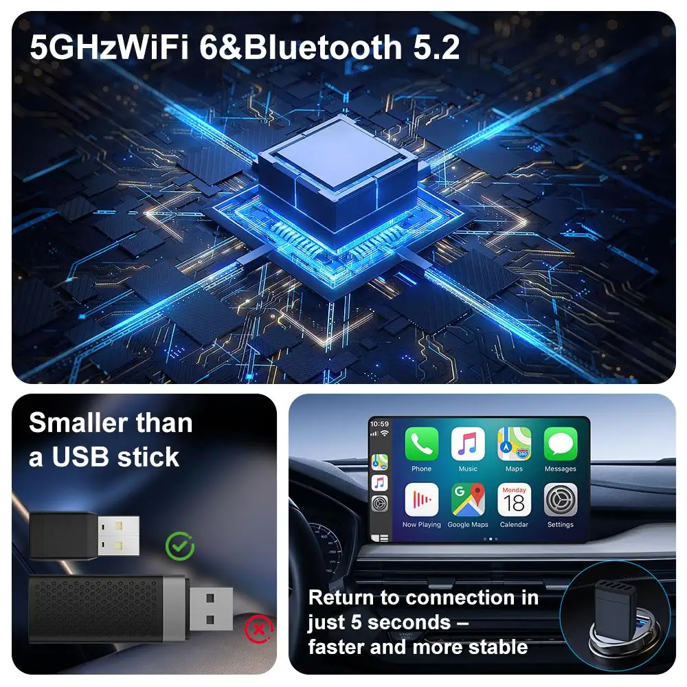 Drahtloser Adapter Smart Wireless CarPlay Android Auto AI Box Plug & Play WiFi Bluetooth-Verbindung OTA-Upgrade Autozubehör – Detail 3