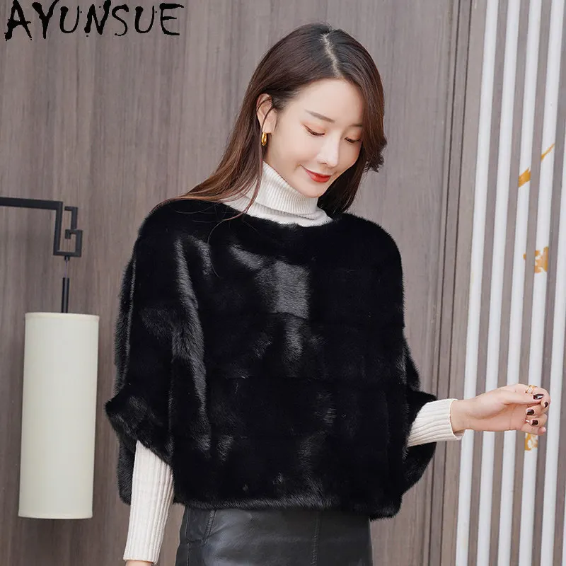 معاطف فرو المنك الطبيعي من AYUNSUE للنساء، ملابس فاخرة قصيرة للشتاء، معطف فرو أسود على الطراز الكوري، ملابس نسائية