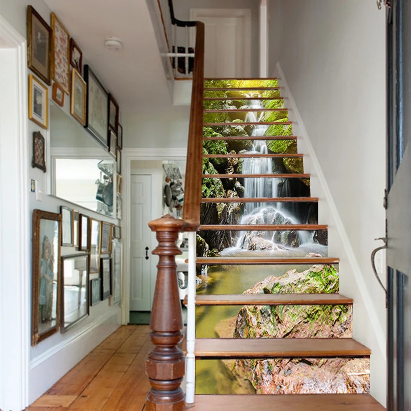 Flowing Mountain Creeks Waterfall Staircase Stickers for Home Decoration 100*18CM Self Adhesive Vinyl 13 Step Stair Riser Decals