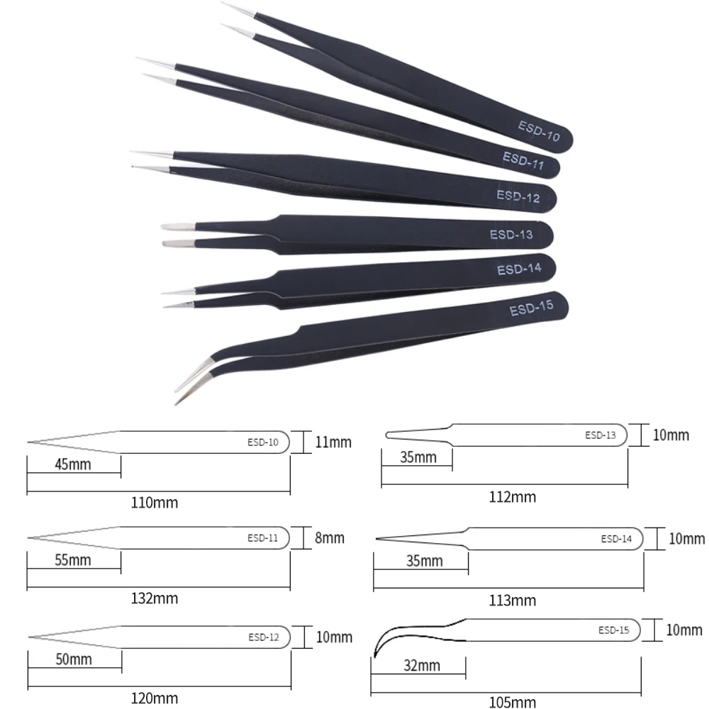 6pcs Precision Tweezers Set ESD Anti-Static Stainless Steel Tweezers Repair Tools for Electronics Repair Soldering Craft Tools