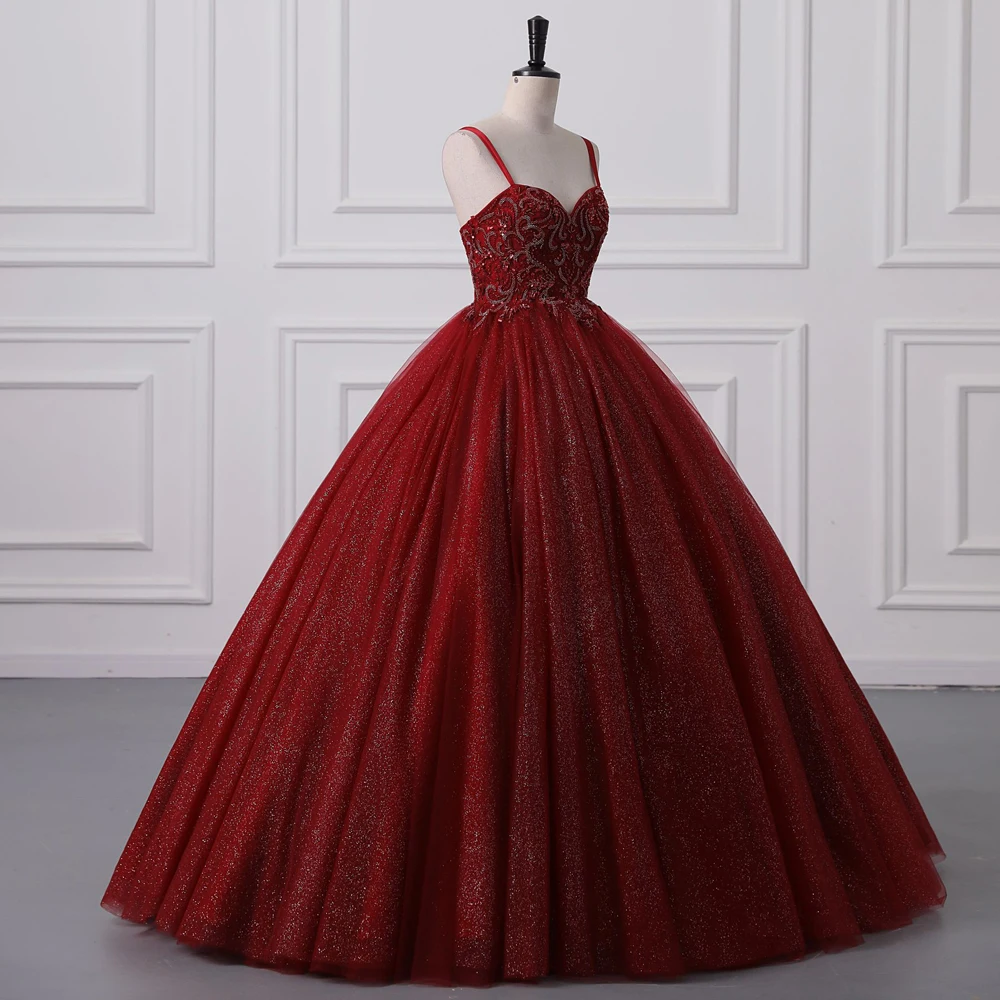 Women Luxury Sequined Beading Evening Dresses Burgundy Tulle Spaghetti Strap Formal Party Prom Ball Gowns Lace Up Robe De Soiree