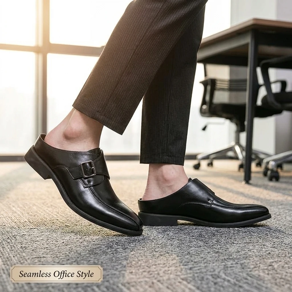 Pointed Toe Half Slippers Retro Dress Men's Monk Leather Shoes Buckle Business Office Wedding Comfortable Men's Oxfords Shoes