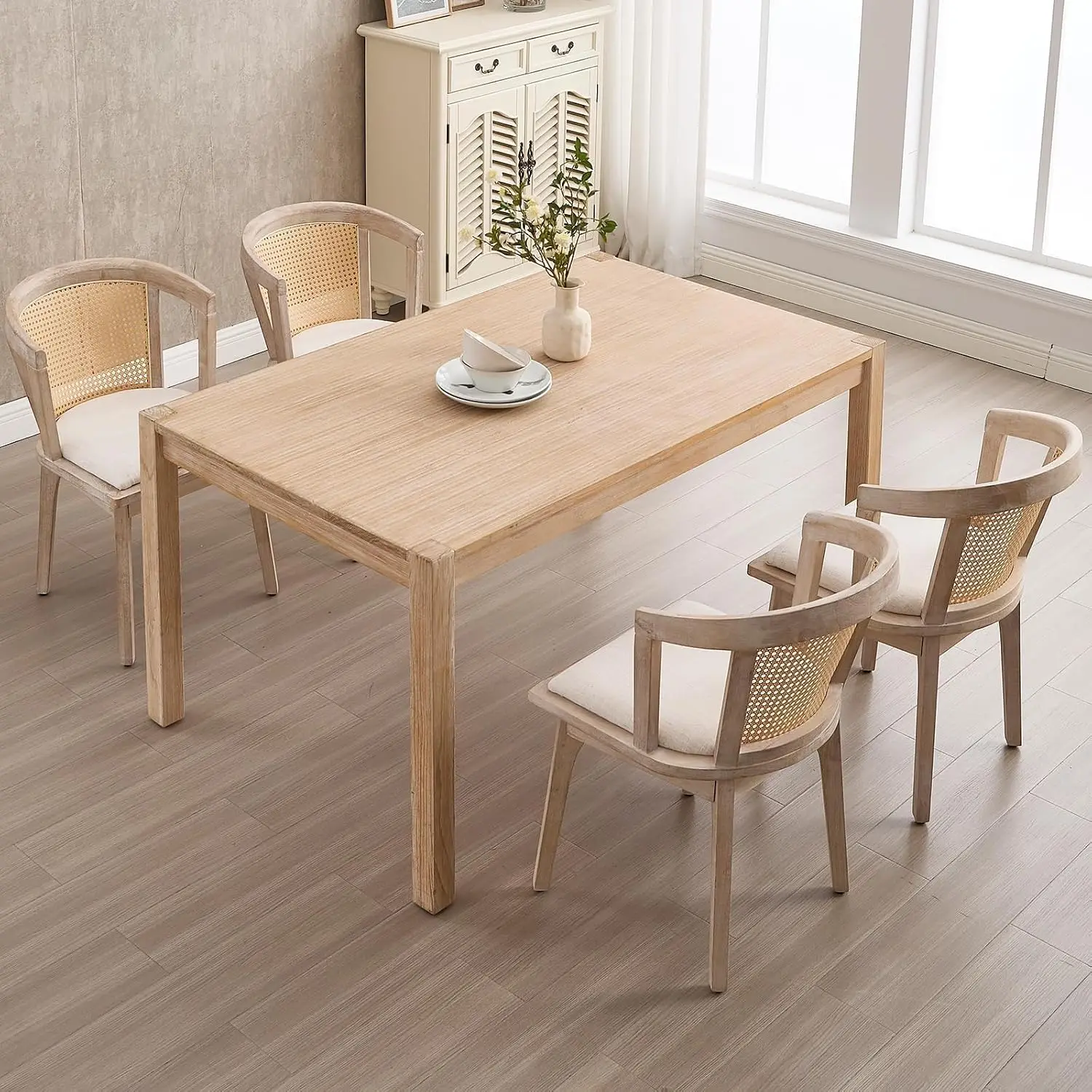 Rattan Dining Chair Set 4, Farmhouse Arm Chair Restaurant Kitchen, Woven Barrel Back Adjustable Foot Pad Beige Seat Wood Frame