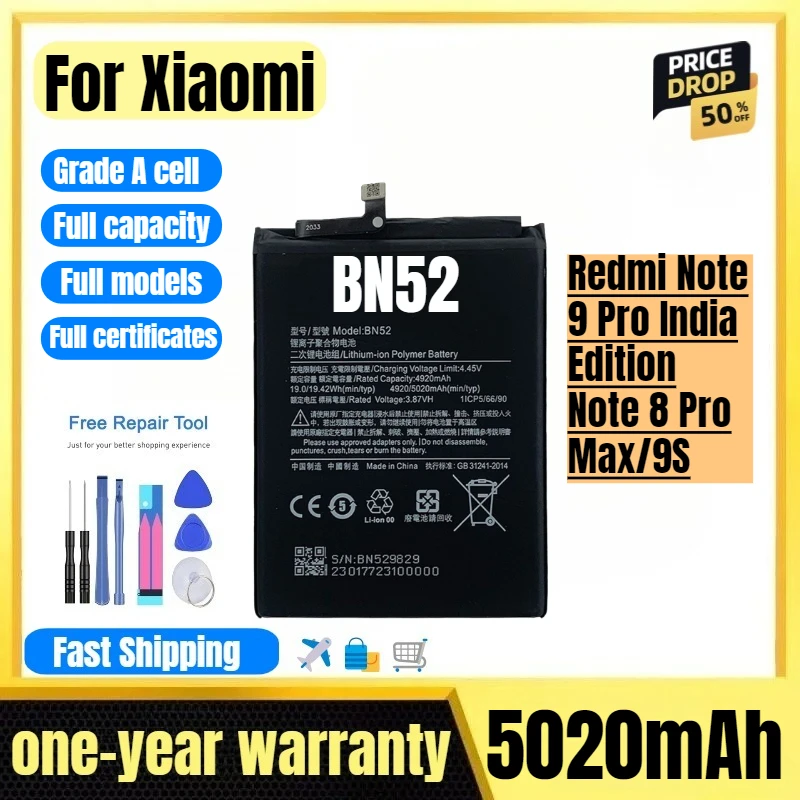 

BN52 for Xiaomi Redmi Note 9 Pro India Edition/Note 8 Pro Max/9S Phone Battery High Quality High Capacity Replacement Bateria
