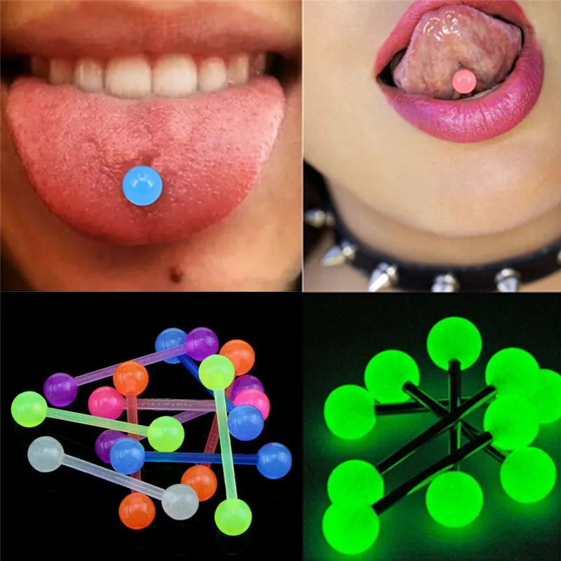 20 sztuk/partia plastikowe przekłuwanie języka sztanga pręty Piercing pierścienie języka Luminous Punk moda biżuteria do ciała dla kobiet biżuteria