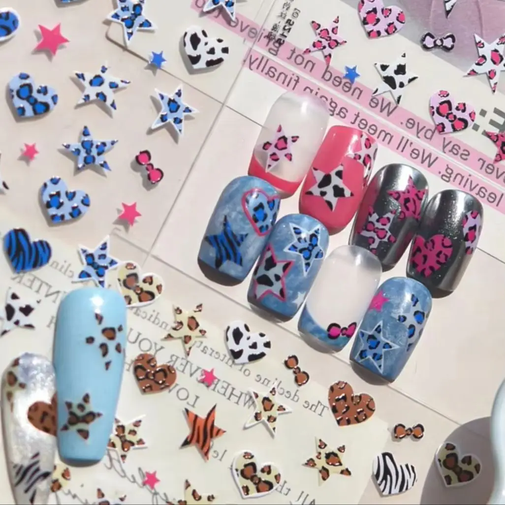 

Sexy Leopard Print Bowknot Pink Blue Yellowish-brown Zebra Stripes Five-pointed Star Love Heart Nail Art Stickers Manicure Decal