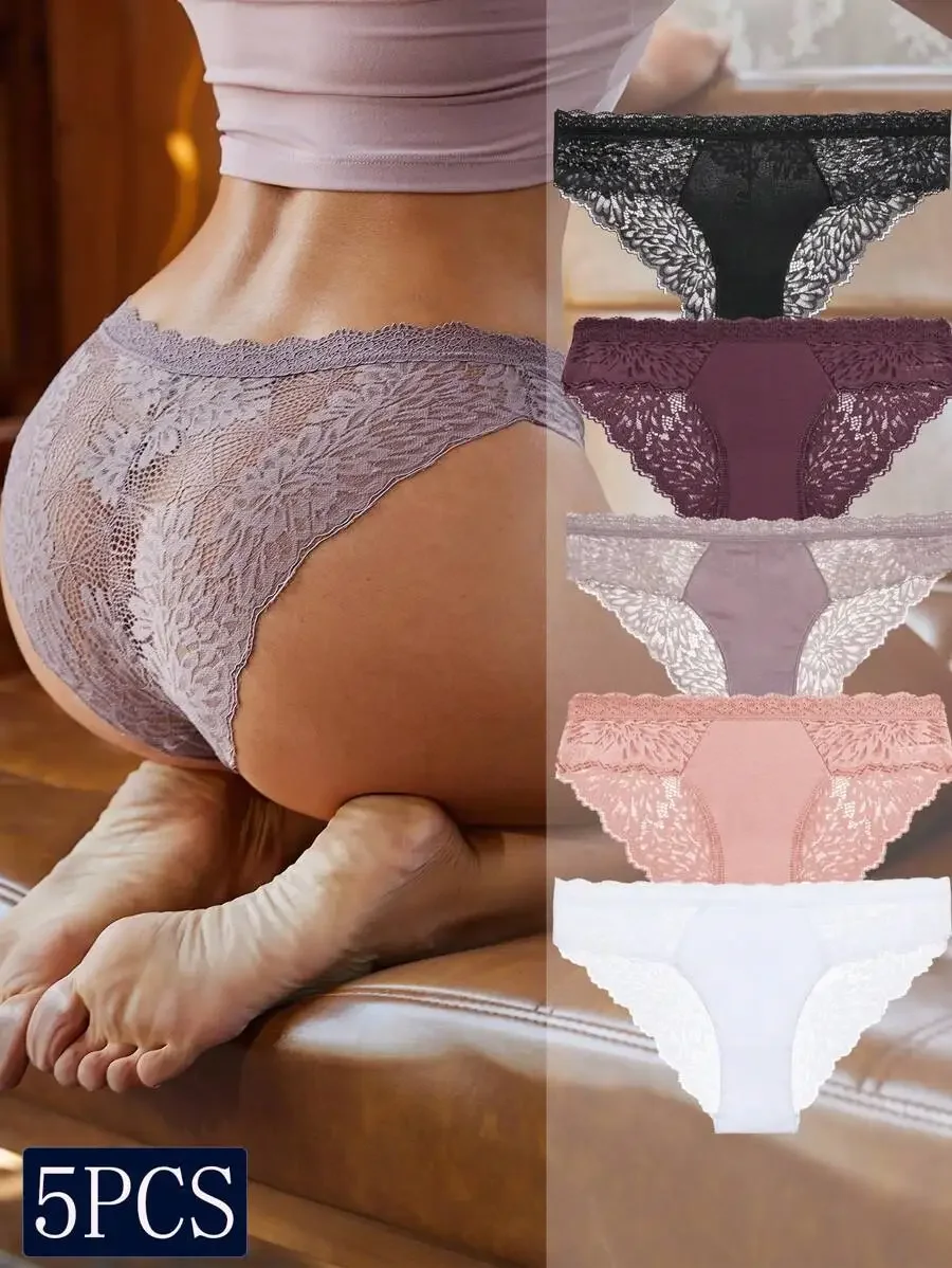 

5pcs Women Lace Bikini Panties Solid Color Low Rise Underwear