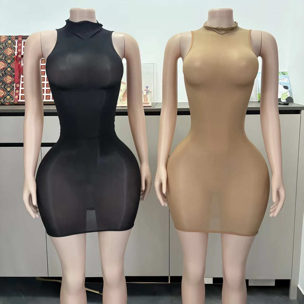 Sexy Mesh Durchsichtiges Kleid Damen Hottie Mode Ärmellos Dehnbar Figurbetont Coquette Mitternachts-Street-Party Club Bodycon Kleider – Detail 6