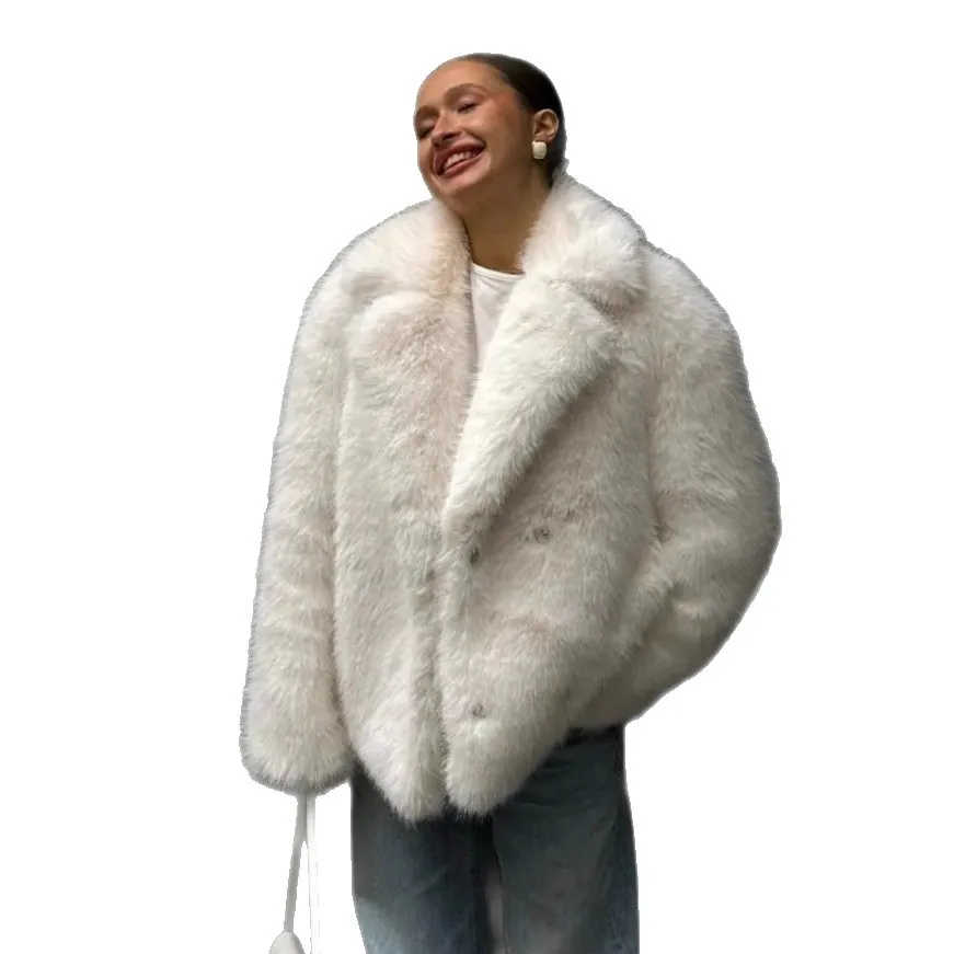 Nowy Zimowy Damski Płaszcz z Imitacji Futra Norki Biały Zapinany na Zatrzaski Garniturowy Kołnierz z Imitacji Futra Lisa Elegancka Puszysta Damska Kurtka ze Sztucznego Futra