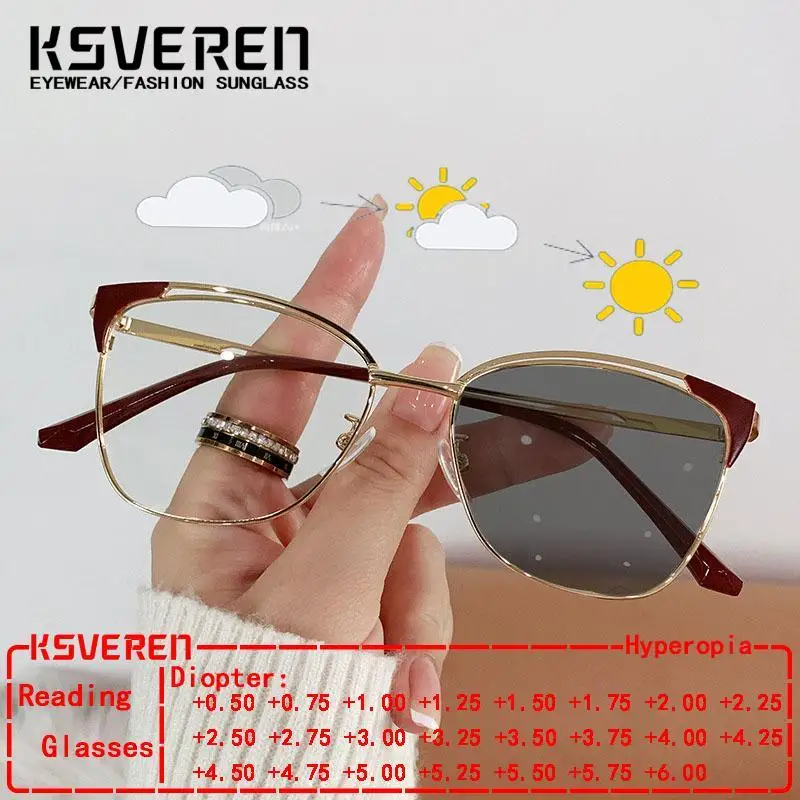 

Designer Metal Cat Eye Photochromic Reading Glasses Women Alloy Prescription Optical Eyewear Outdoor Color Changing Readers