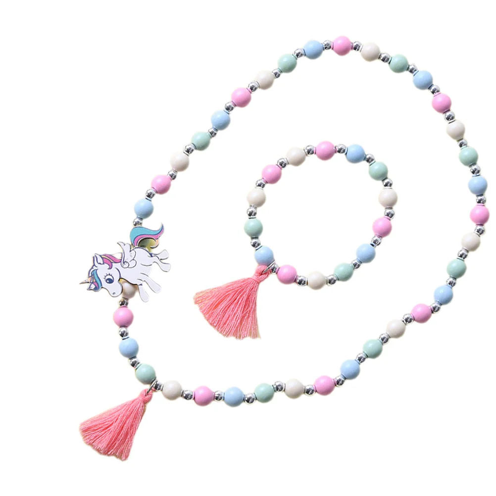 Ensemble de colliers de perles en bois pour enfants, pendentif licorne, bijoux, ensemble de bracelets colorés pour filles, usage quotidien, cadeau de fête, 1 ensemble