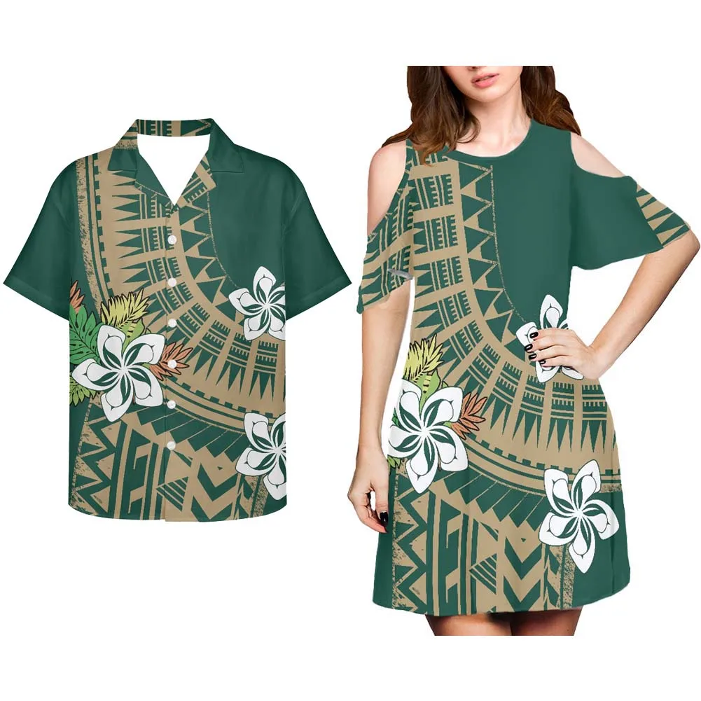 HYCOOL Cold Shoulder Green Midi Dress Hibiscus Print Wedding Guest Dress Polynesian Tribal Couple Dresses For Women 2022 Summer