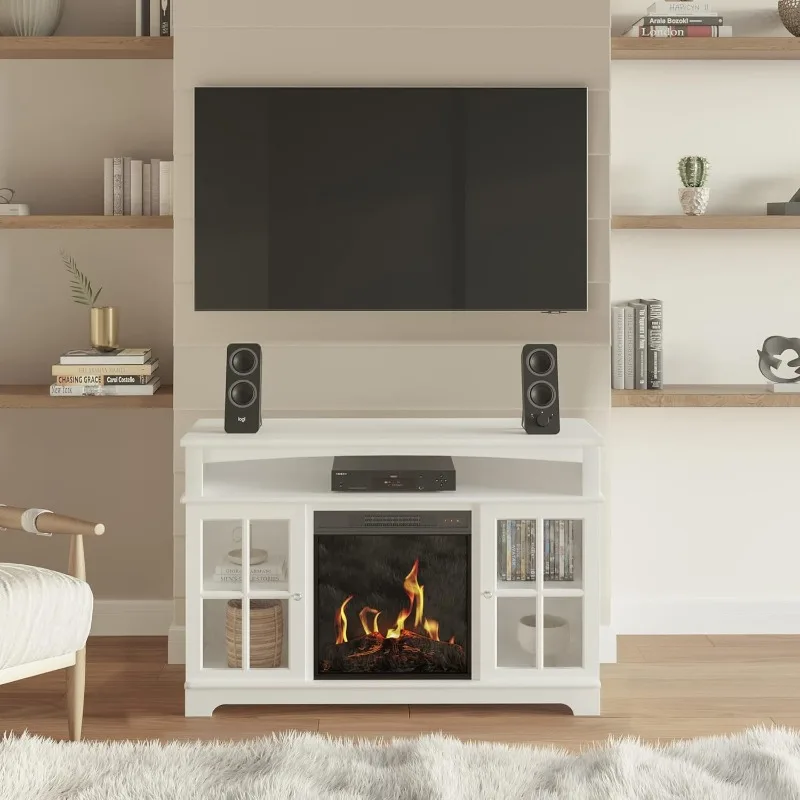 Meuble TV avec cheminée électrique, compatible avec les téléviseurs jusqu'à la console multimédia, armoire de rangement, chaleur réglable, flammes LED