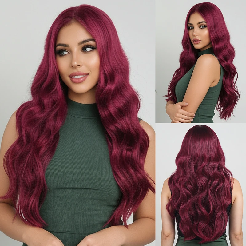 

Женский парик в стиле ретро, винно-красный, большая волна, малиново-красные, длинные вьющиеся волосы с челкой восемь символов, ежедневный парик из синтетического волокна