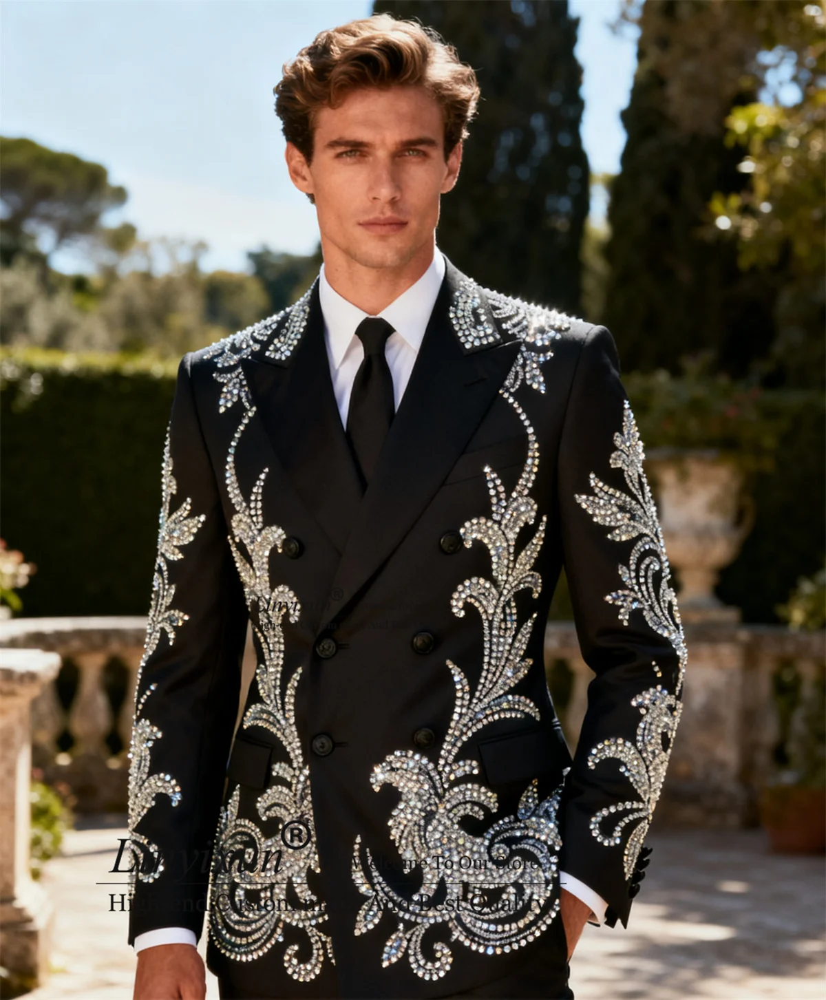 Sparkly Ornament Rhinestone Men Suits Customized Double Breasted Wedding Tuxedos 2 Pieces Sets Party Groom Blazers Costume Homme