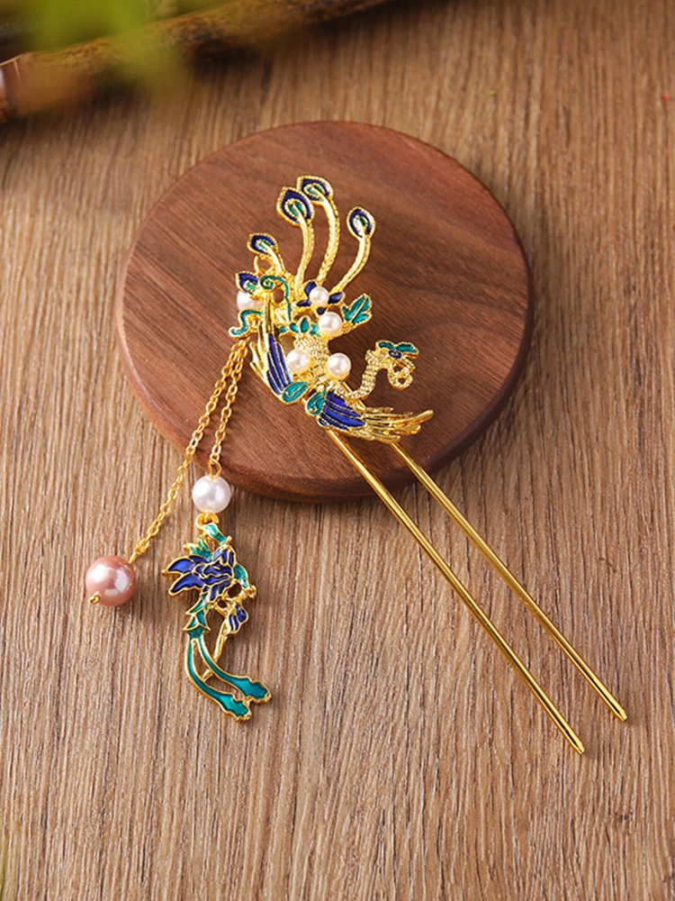 * ريترو عصا الشعر فينيكس على شكل حرف U دبوس الشعر للنساء الصينية Hanfu إكسسوارات الشعر كريستال ذهبي كعكة الشعر مجوهرات خمر تيار