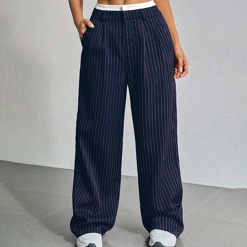 High Waist Stripe Printed Spliced Suit Trousers Women Casual Loose Straight Wide Pants Simple All-Match Draped Full Length Pants
