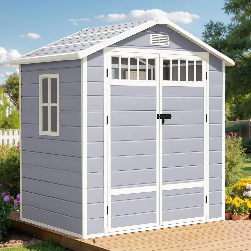

Gray 6x4.4ft Outdoor Storage Shed with Enclosed Style, Side Windows, Lockable Door, and Vents for Garden, Backyard, and Patio