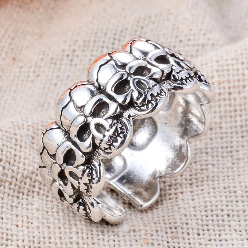 Domineering Skull Head Vintage Thai Silver Man Rock Punk Ring Promotion Bar Jewelry Halloween Gift Cheap