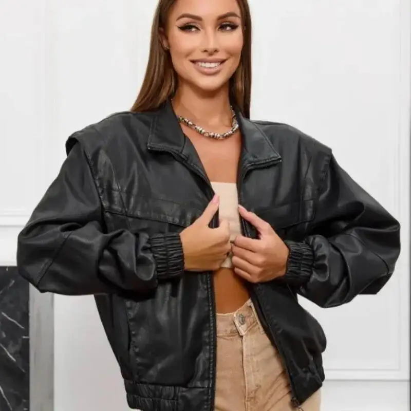 Leather Jacket Woman Long Sleeve Autumn New Retro Big Flip Shoulder Design PU Leather Zip Jacket Elastic Hem Stand Collar Lady