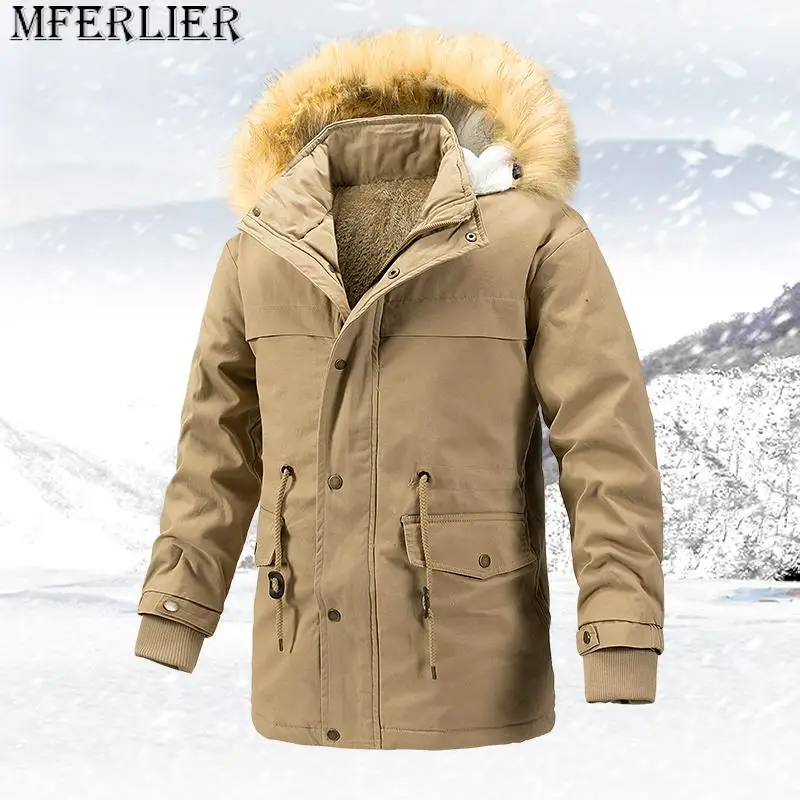 

Winter Windproof Men's Jackets Fur Collar Fleece Parkas Coat For Men 2023 Casual Thicken Warm Men's Windbreaker Hat