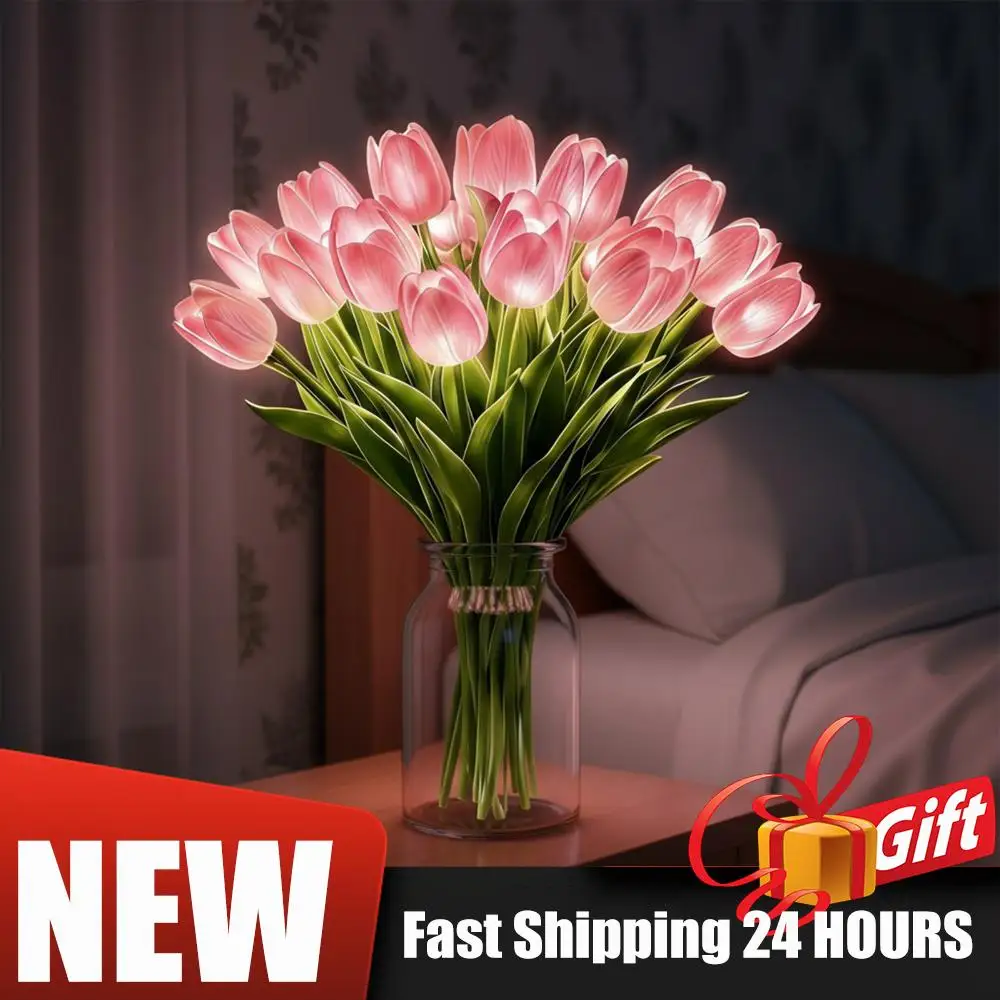 Romantic Tulip Night Light LED Glowing Flower Bouquet Artificial Flowers For Home Decor Ornament Birthday Gift For Women Mom