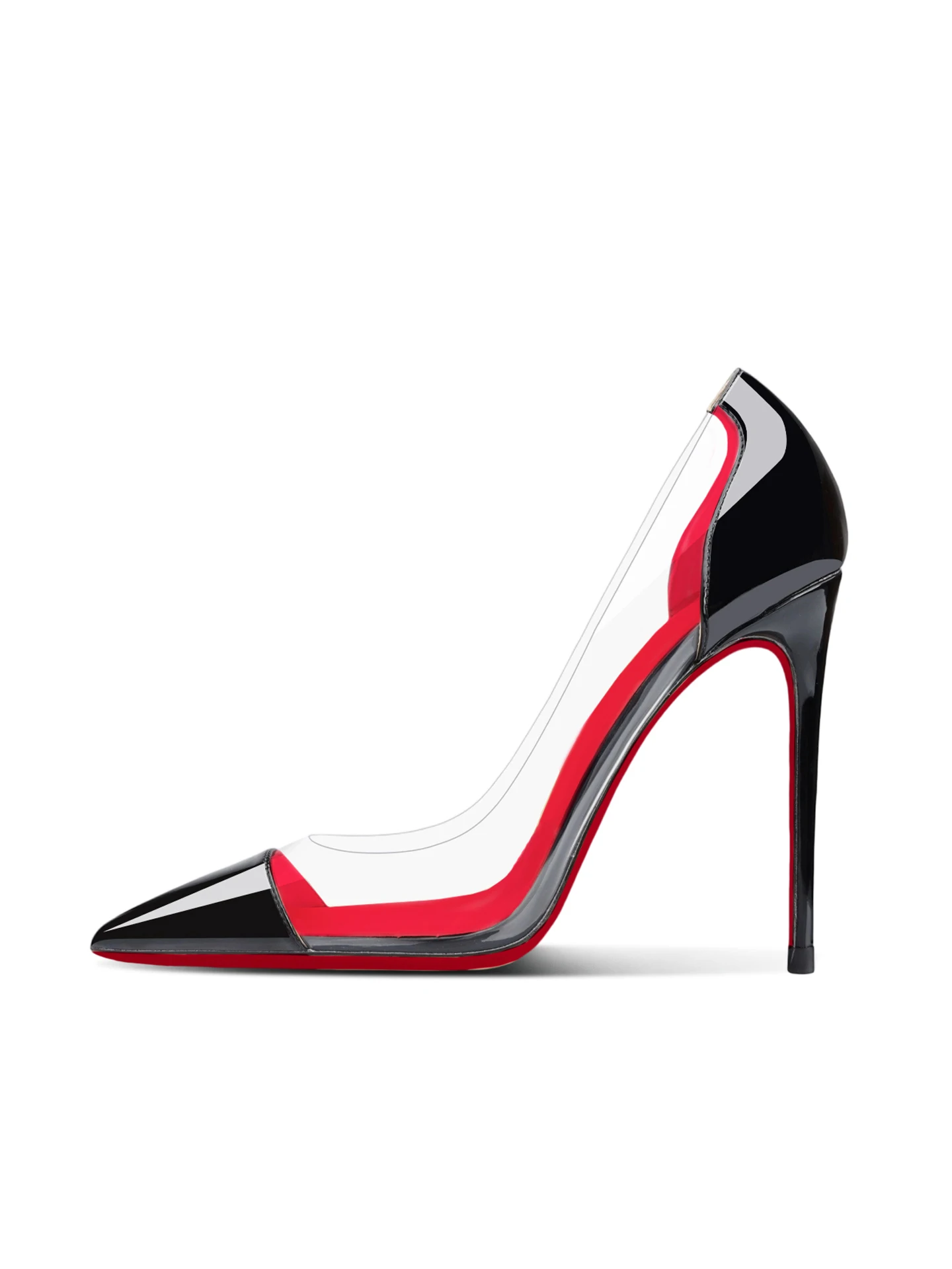 New pointed 12cm stiletto heels, red sole high heels with PVC stitching, 13cm large-size party sexy transparent single shoes