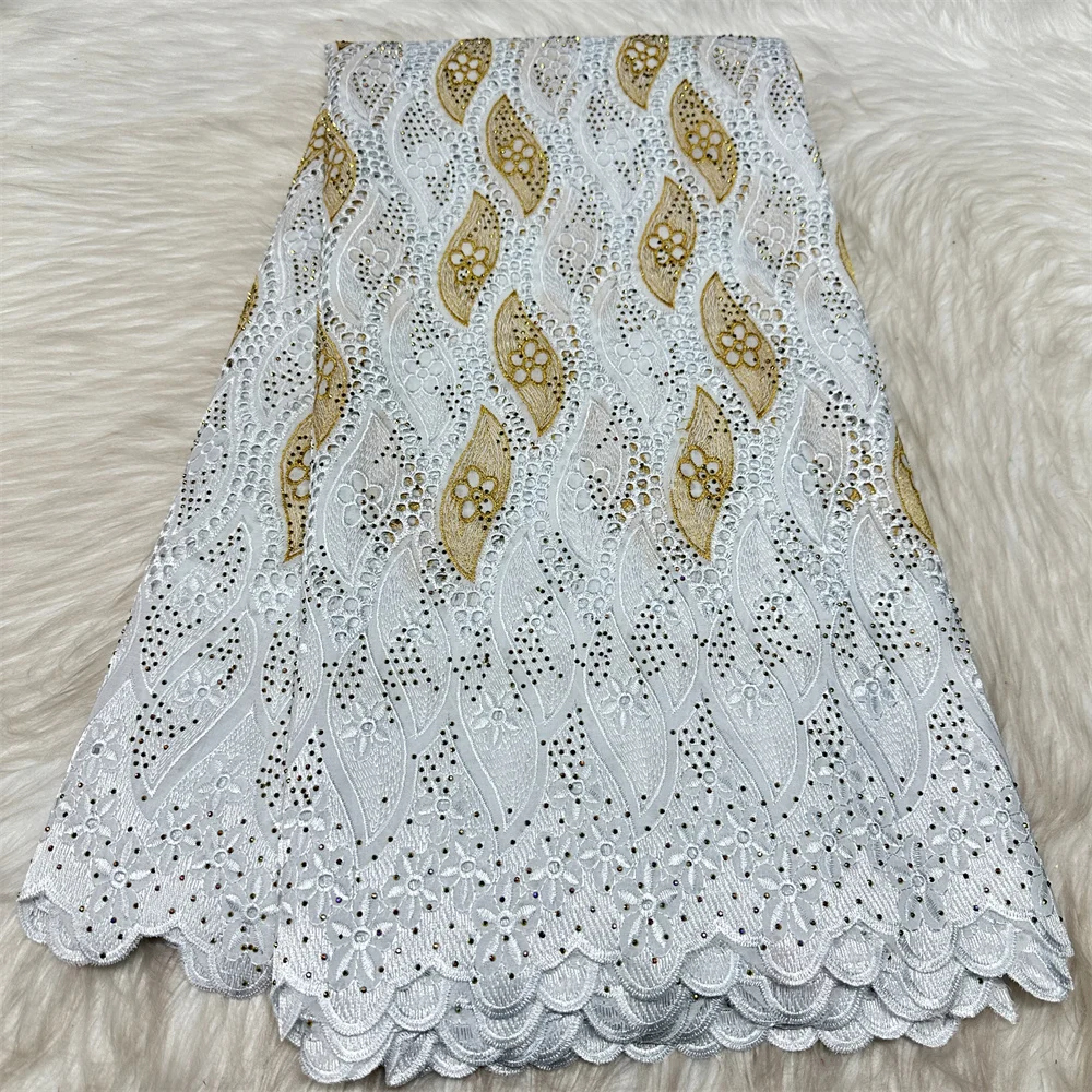 

Swiss Voile Lace Fabric White And Gold African Lace with Stones, Cotton Brode, High Quality, Latest, 5 Yards, 2025